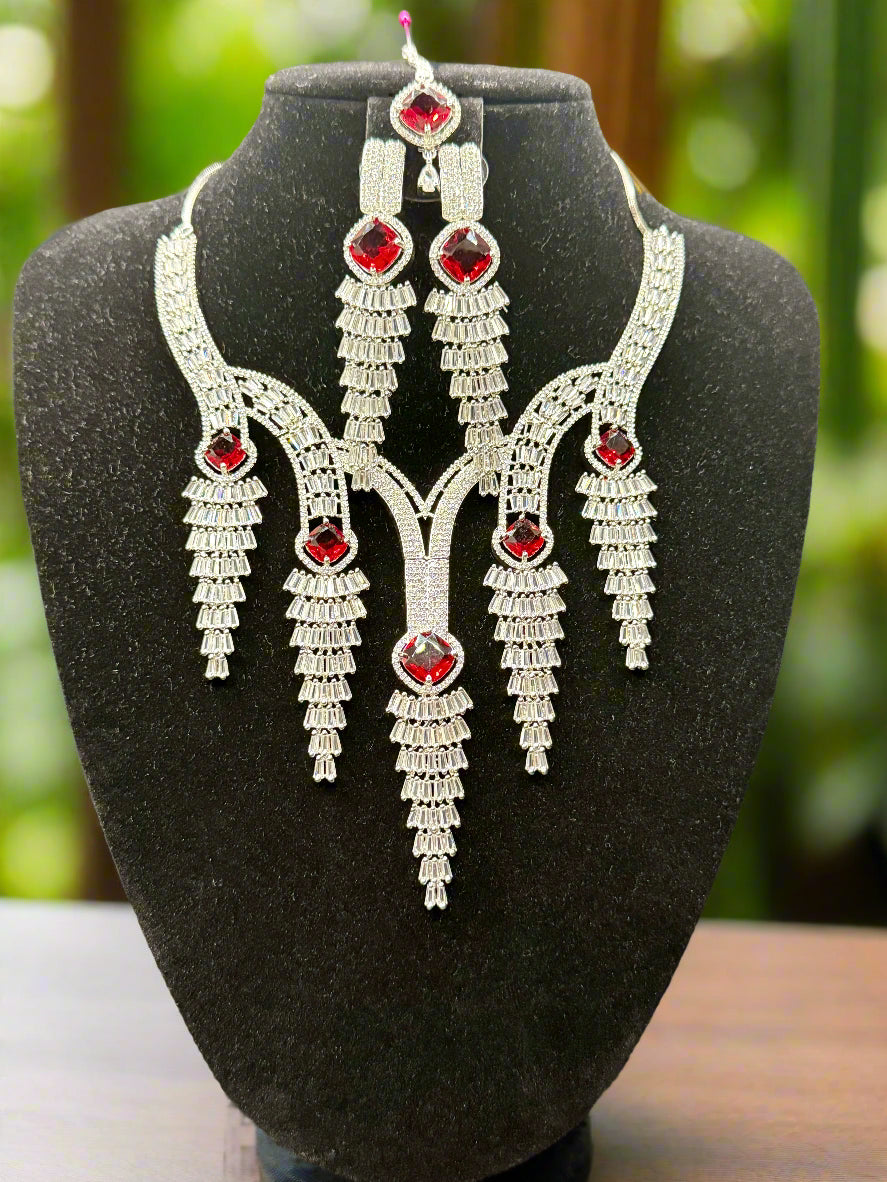 Sparkling Silver Cascade CZ Jewellery Set with Tikka | Famaza Couture