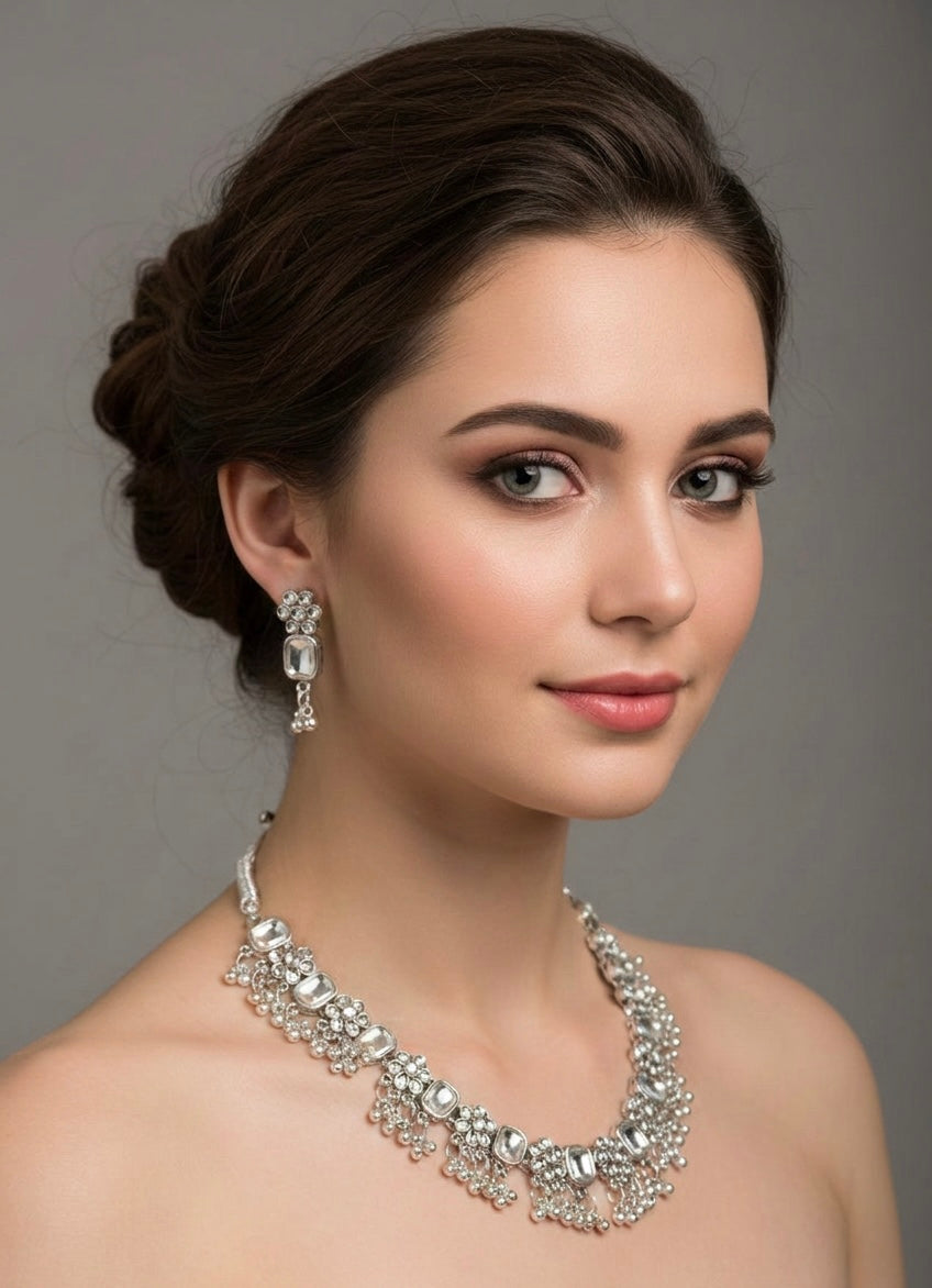 The Onyx Petal Choker & Earring Set — Oxidised Silver & Black Stone Jewelry