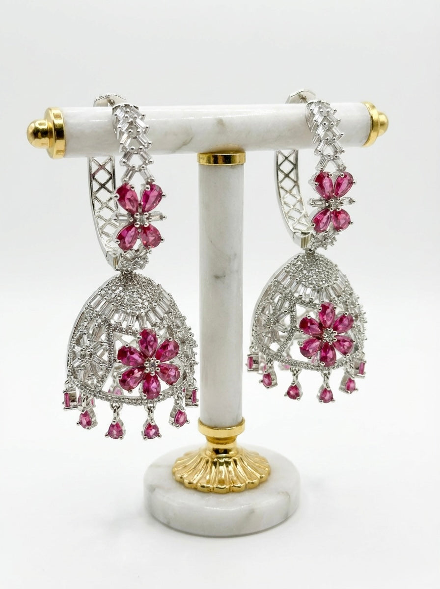 Premium Silver Imitation American Diamond Jhumka Earrings | Famaza Couture