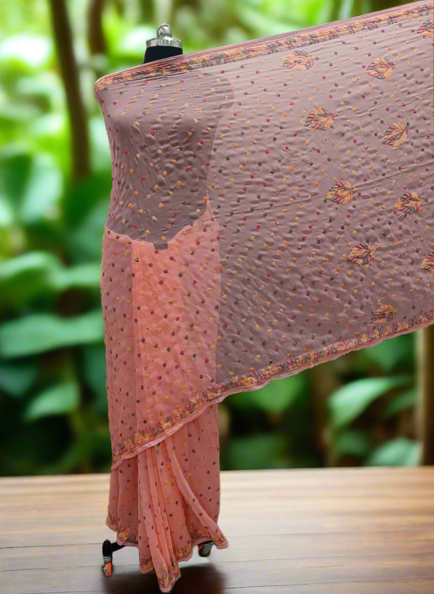Georgette Saree with chikankari Keel Jaal Embroidery – Elegant Palla Work | Famaza Couture