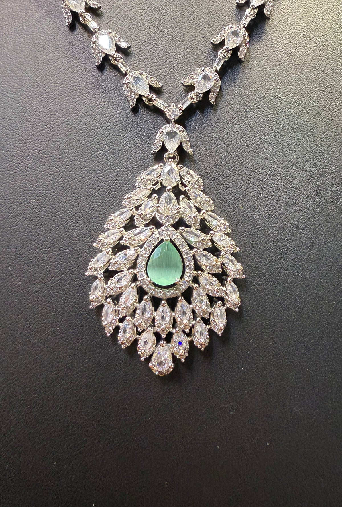 American Diamond & Emerald Necklace Set - Leaf Design | Famaza Couture