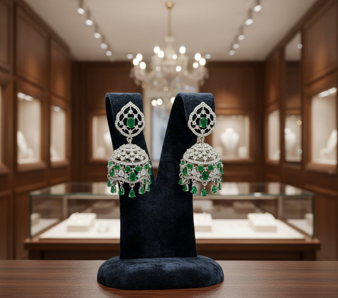 American Diamonds emerald green stone Jhumka earrings/Silver Finish Earrings