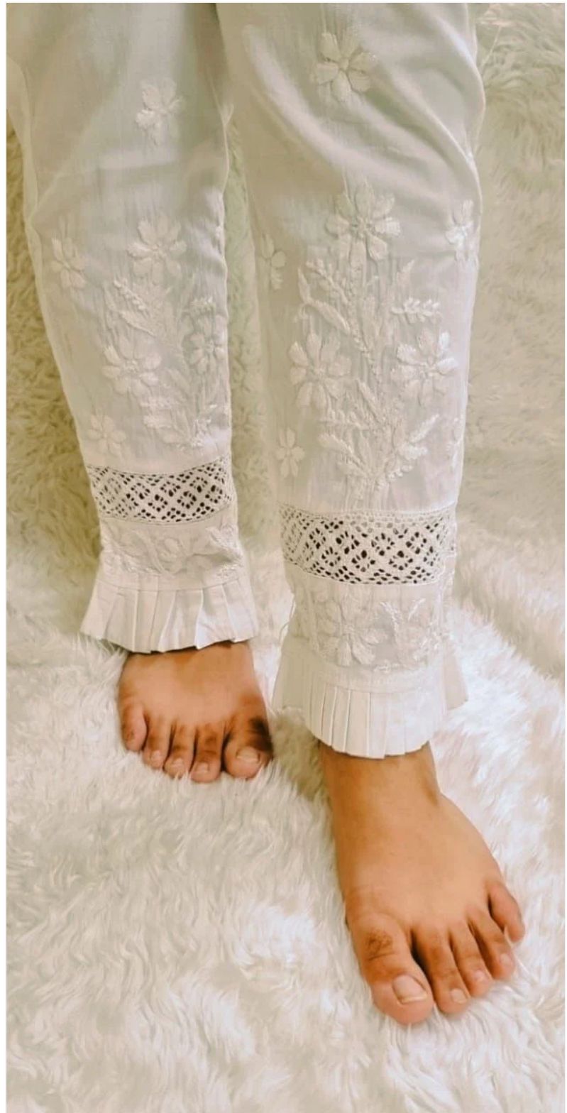 Cotton stretchable embroidered pants with pockets for Women