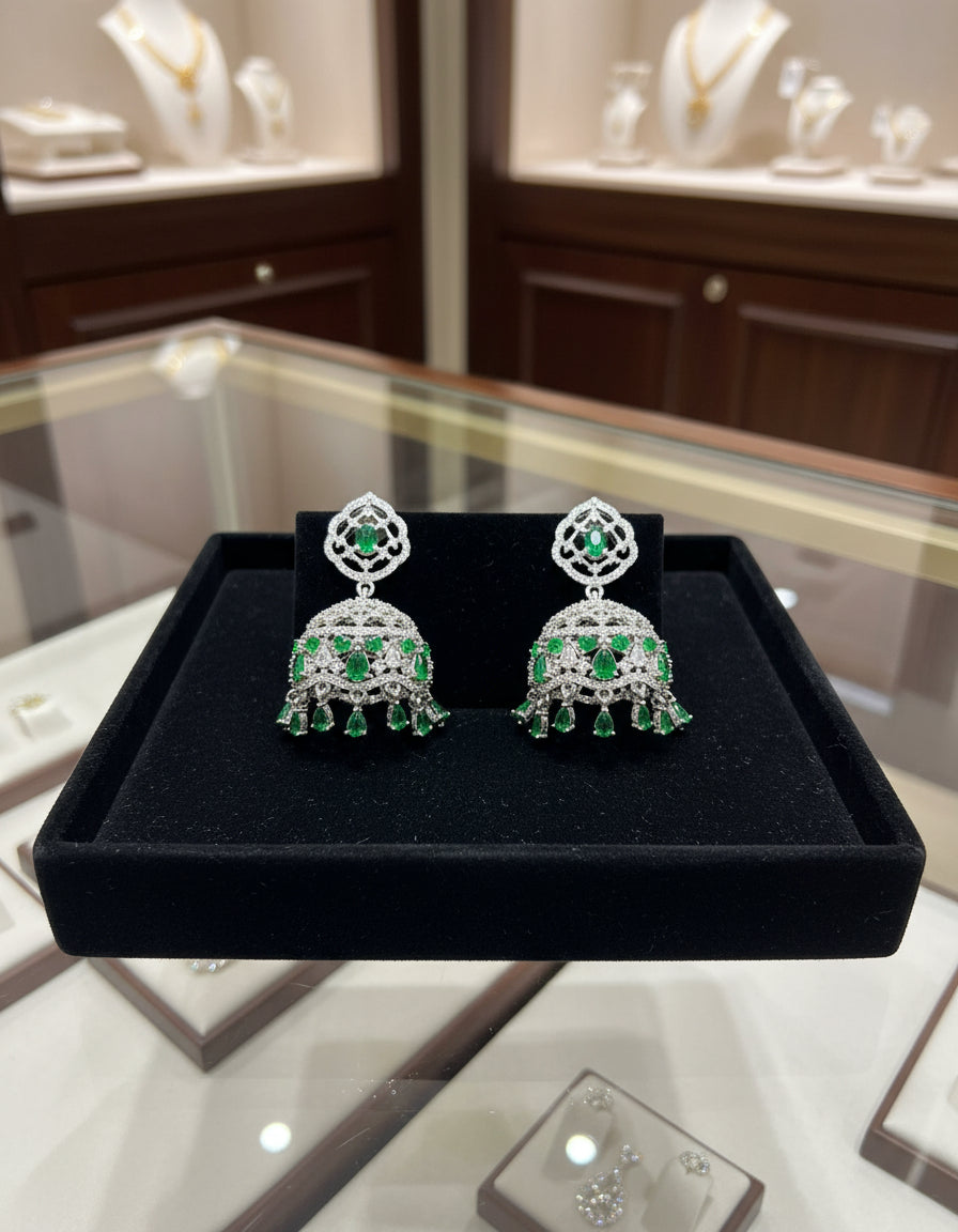American Diamonds emerald green stone Jhumka earrings/Silver Finish Earrings