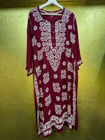 Chikankari Kurti Leaf Floral Border Maroon