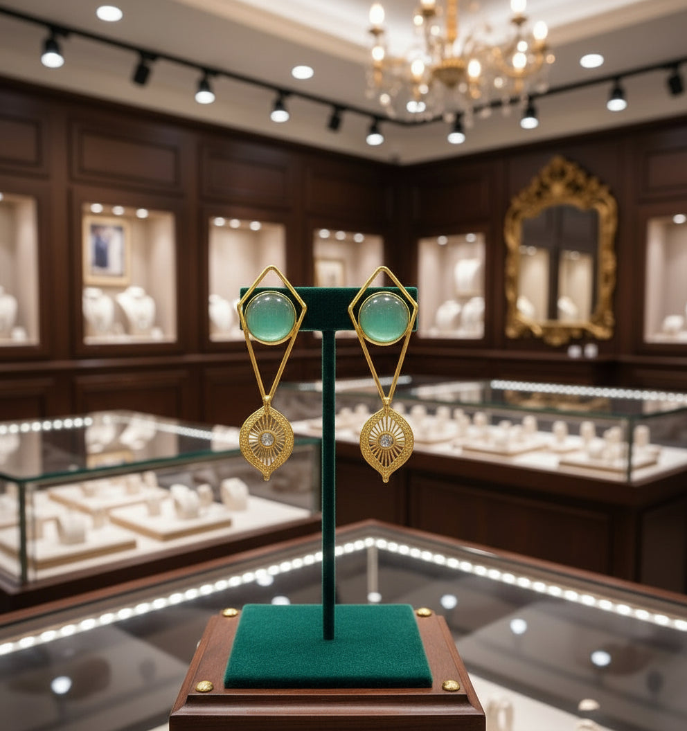 A pair of gold-coloured filigree earrings featuring round yellow stones at the centre, presented against a white background.