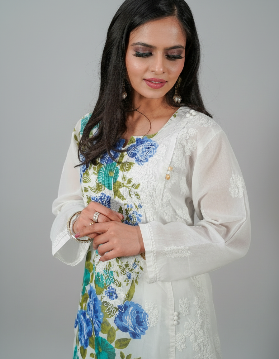 Hand-Painted Floral Chikankari Kurti - Unique Designer Top | Famaza couture