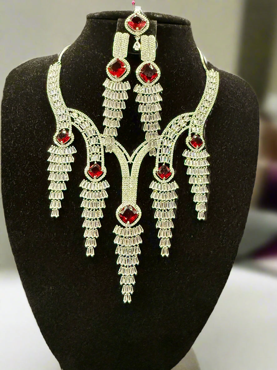 Sparkling Silver Cascade CZ Jewellery Set with Tikka | Famaza Couture