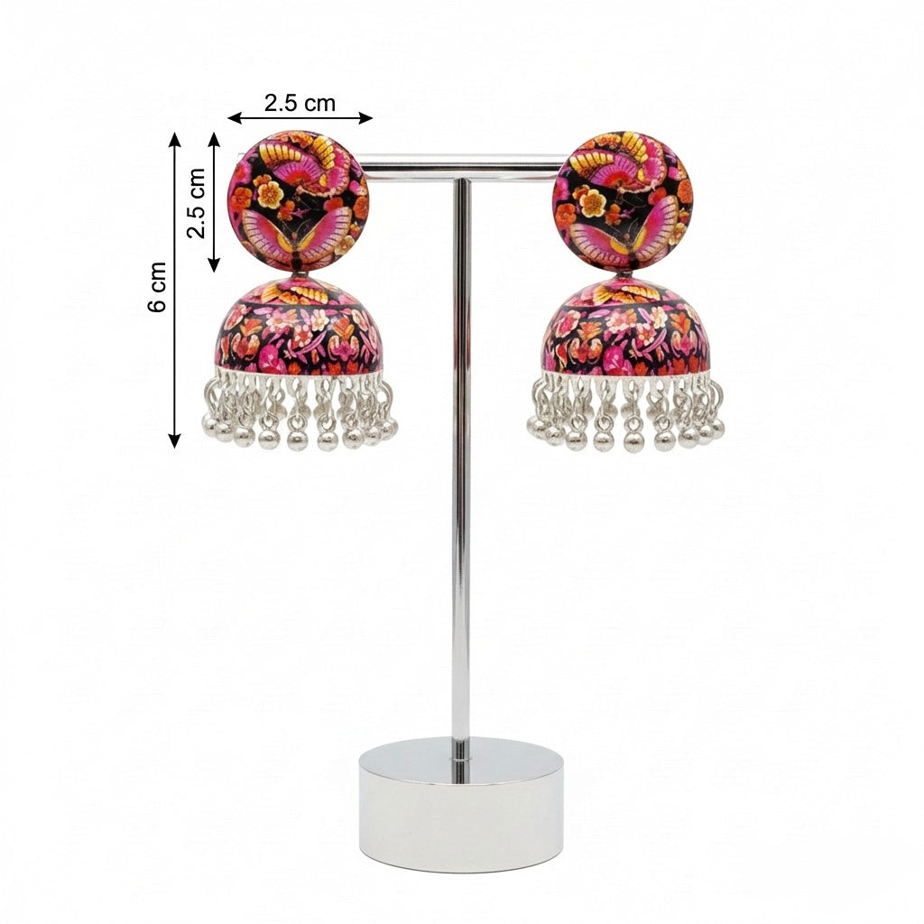 Artistic Butterfly & Floral Hand-Printed Jhumka Earrings β Lightweight Statement Jhumkey