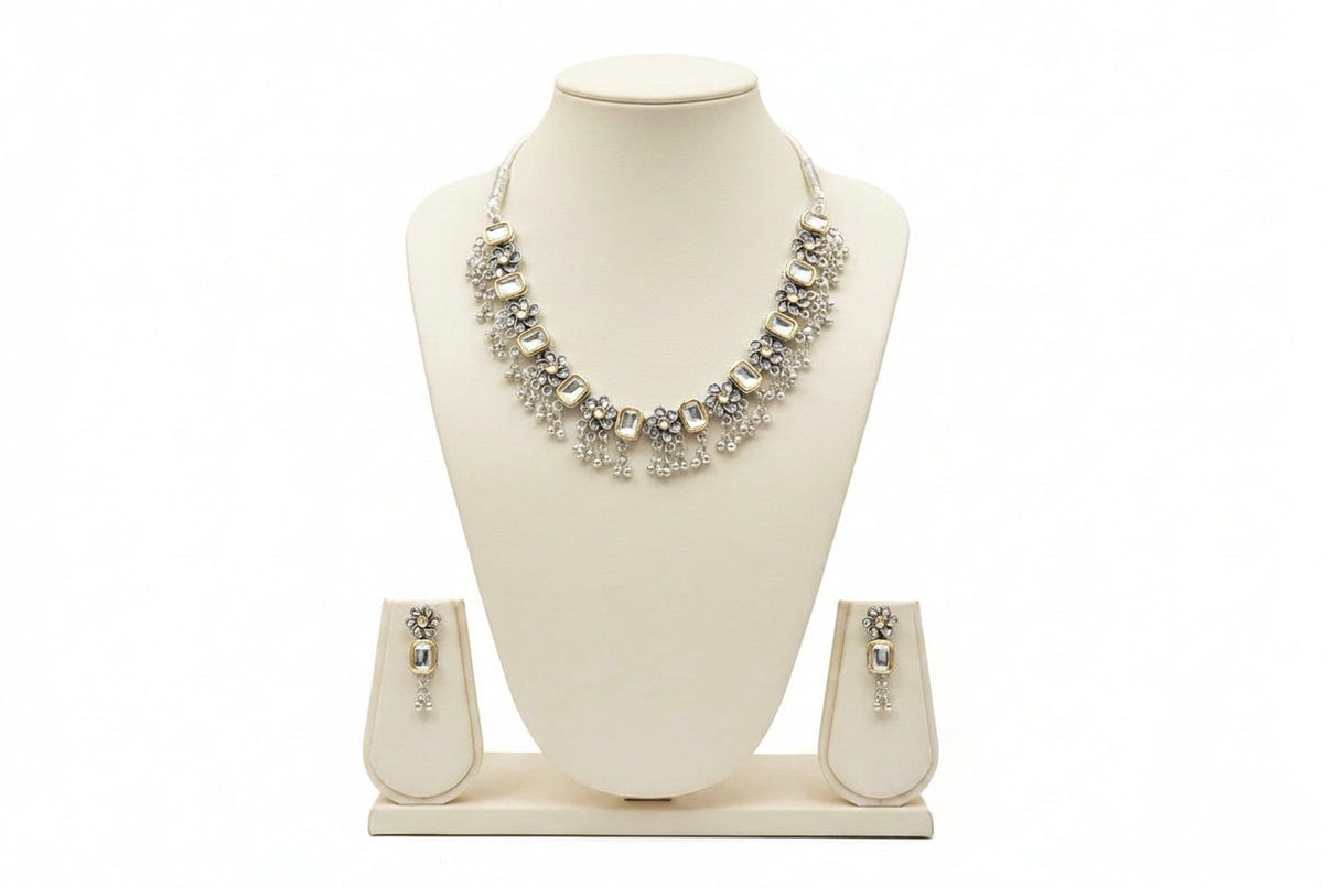 The Onyx Petal Choker & Earring Set — Oxidised Silver & Black Stone Jewelry