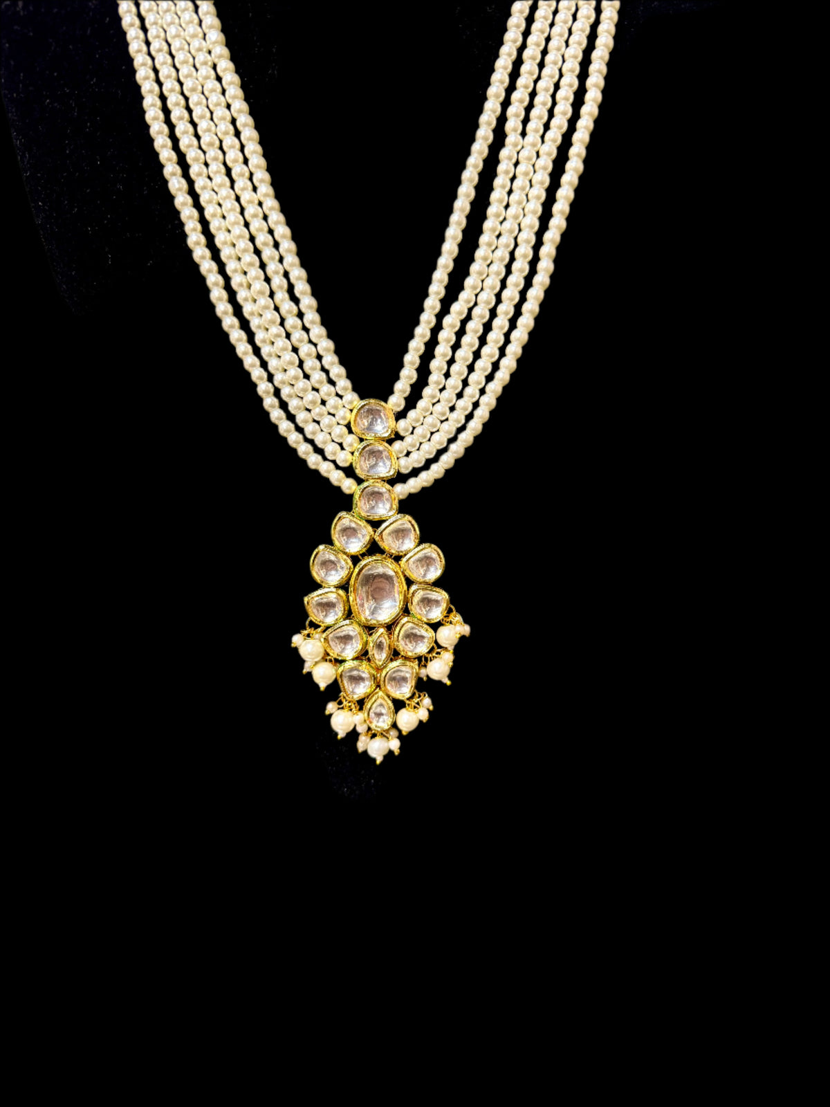 Five Layer Imitation Pearl Necklace Set with Kundan Pendant & Earrings