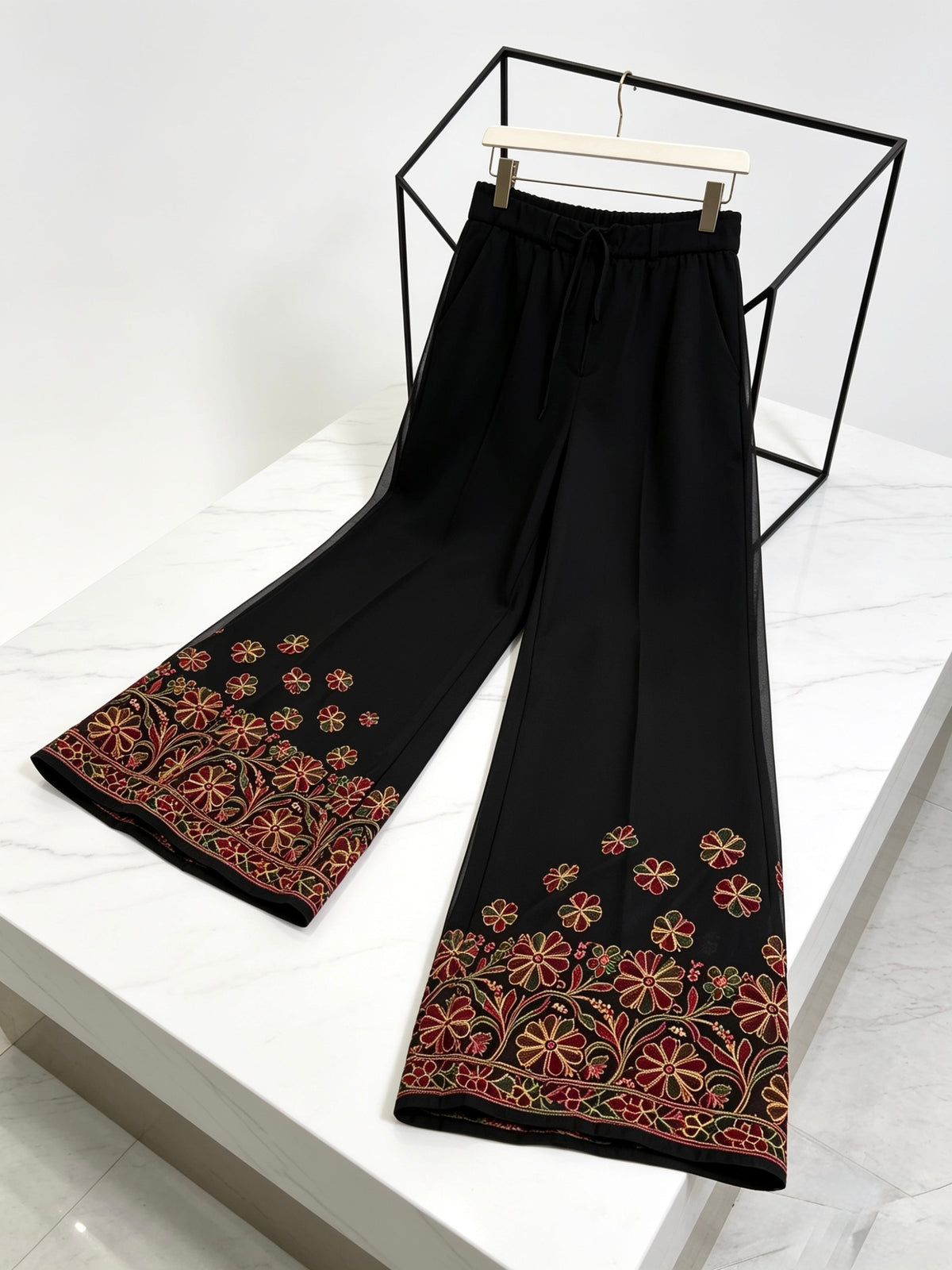 Black georgette Wide leg Trousers/Pants with Multi-Colour Floral Embroidery