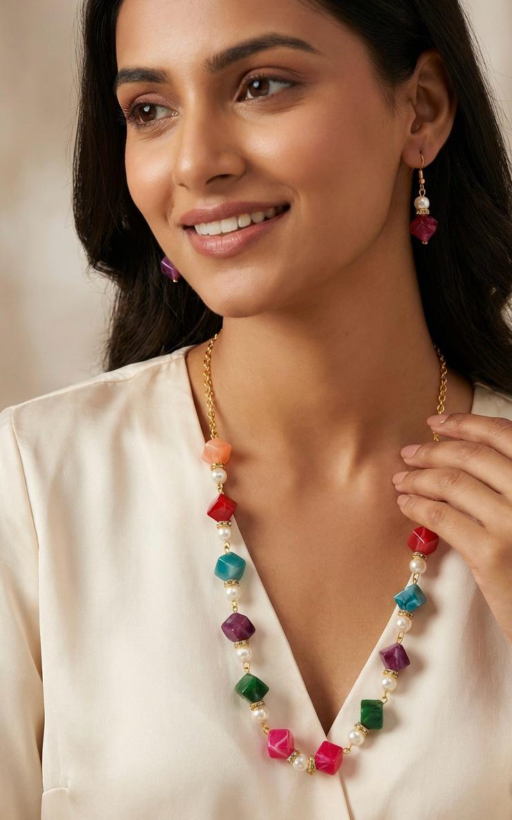 Multicolor Beaded Statement Necklace & Earrings Set – Gold Tone Fashion Jewellery | Famaza Couture