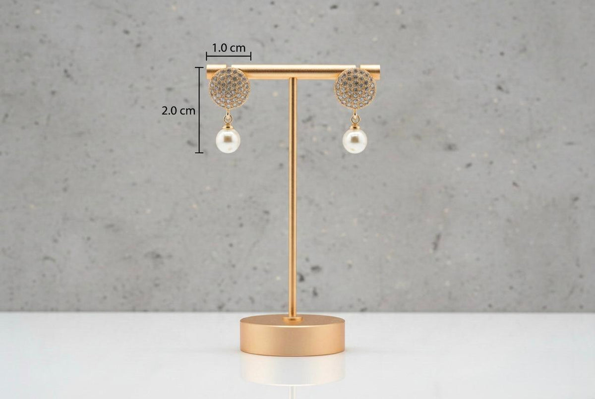 Serene Rose Gold AD Pearl Drop Earrings | 2cm Circular Pavé Studs