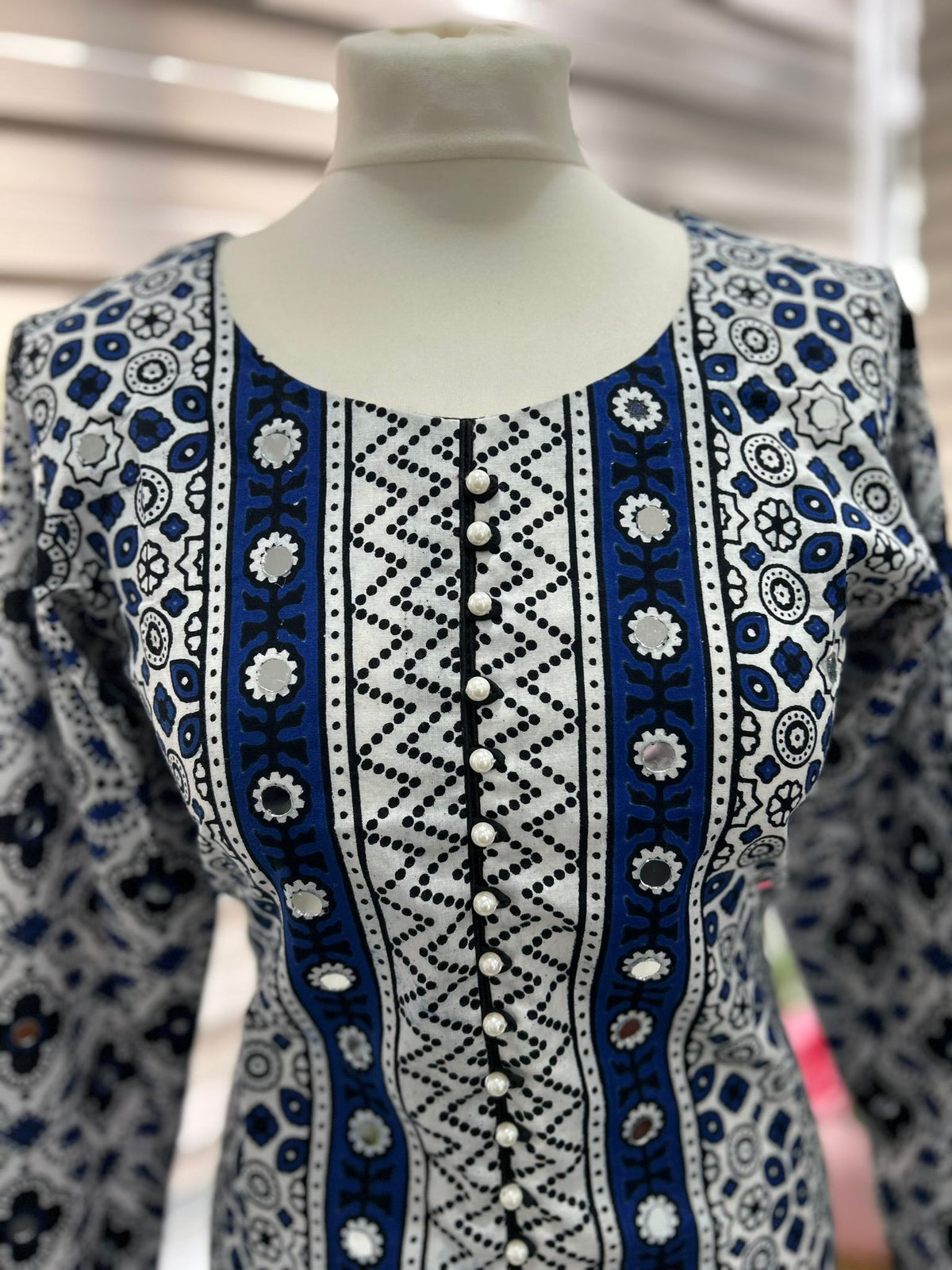 Traditional Ajrak Sindhi Kurta/Dress - Blue/White