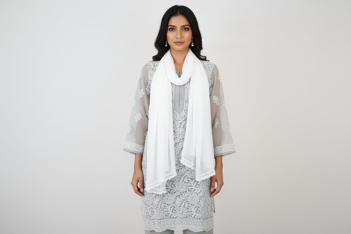 White Chiffon Dupatta with Double Lace Border – Lightweight Chunni, Scarf & Shawl for Women