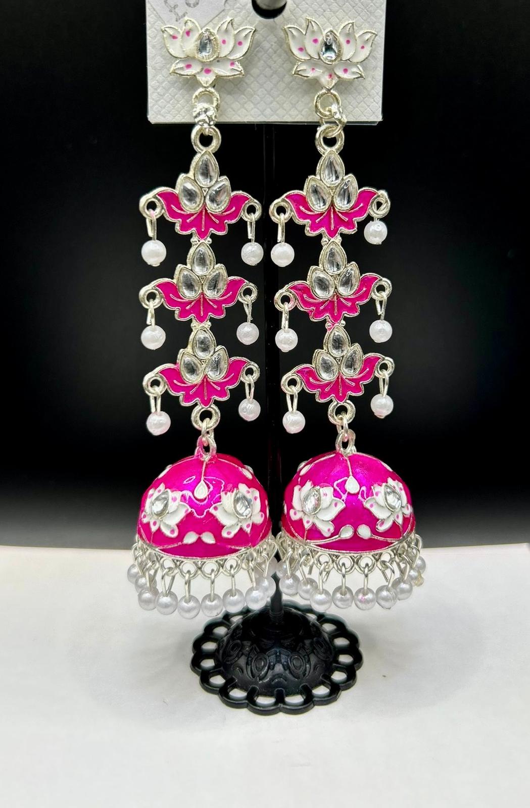 Meenakari Tulip Long Jhumka Earrings | Lightweight Bridal Jewellery – Famaza Couture