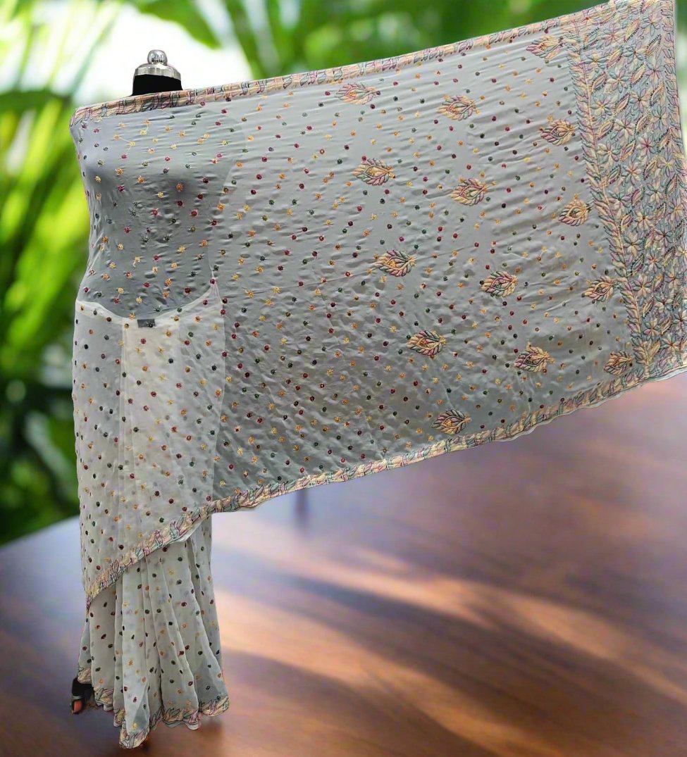 Georgette Saree with chikankari Keel Jaal Embroidery – Elegant Palla Work | Famaza Couture