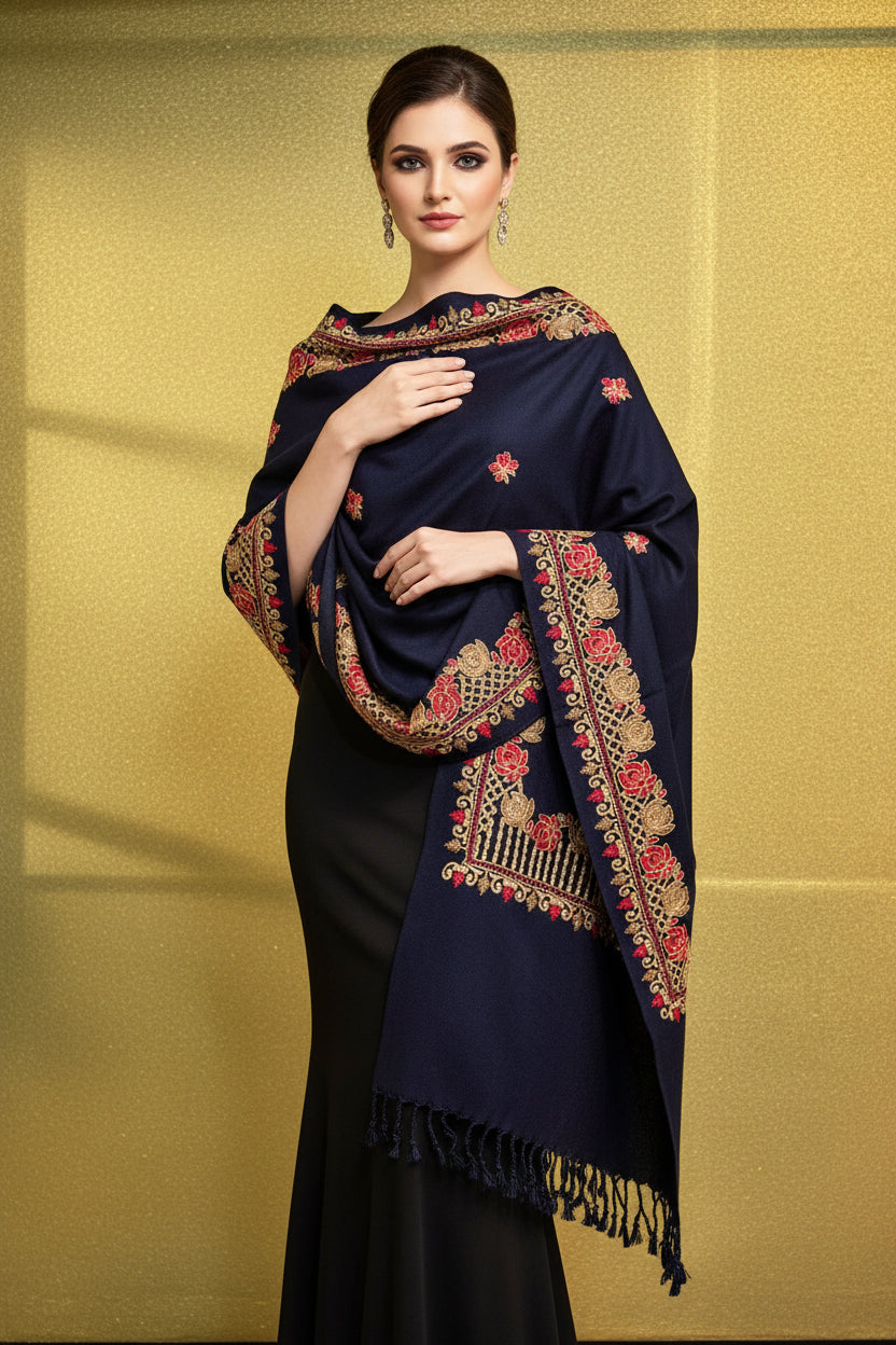 Kashmiri Rose Embroidered Pashmina Scarf/Shawl | Luxurious Aari Work – Famaza Couture