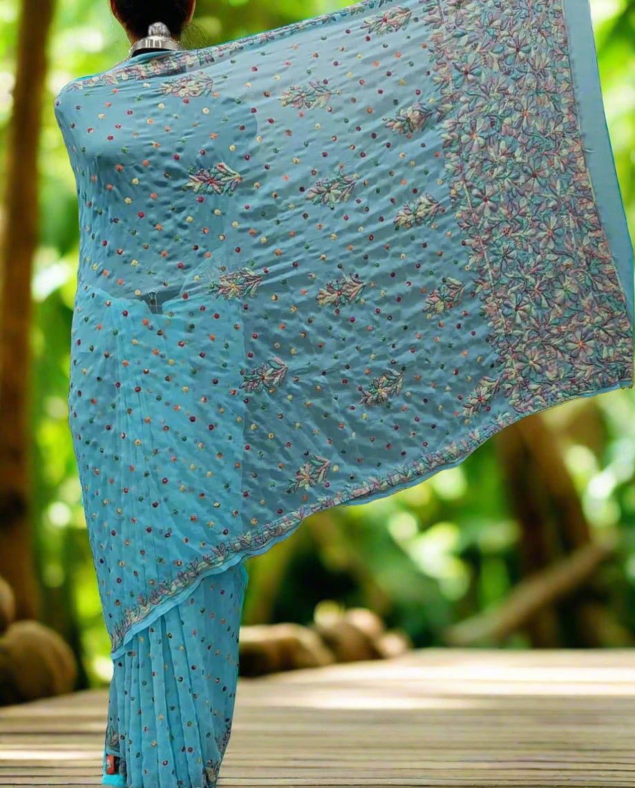 Georgette Saree with chikankari Keel Jaal Embroidery – Elegant Palla Work | Famaza Couture