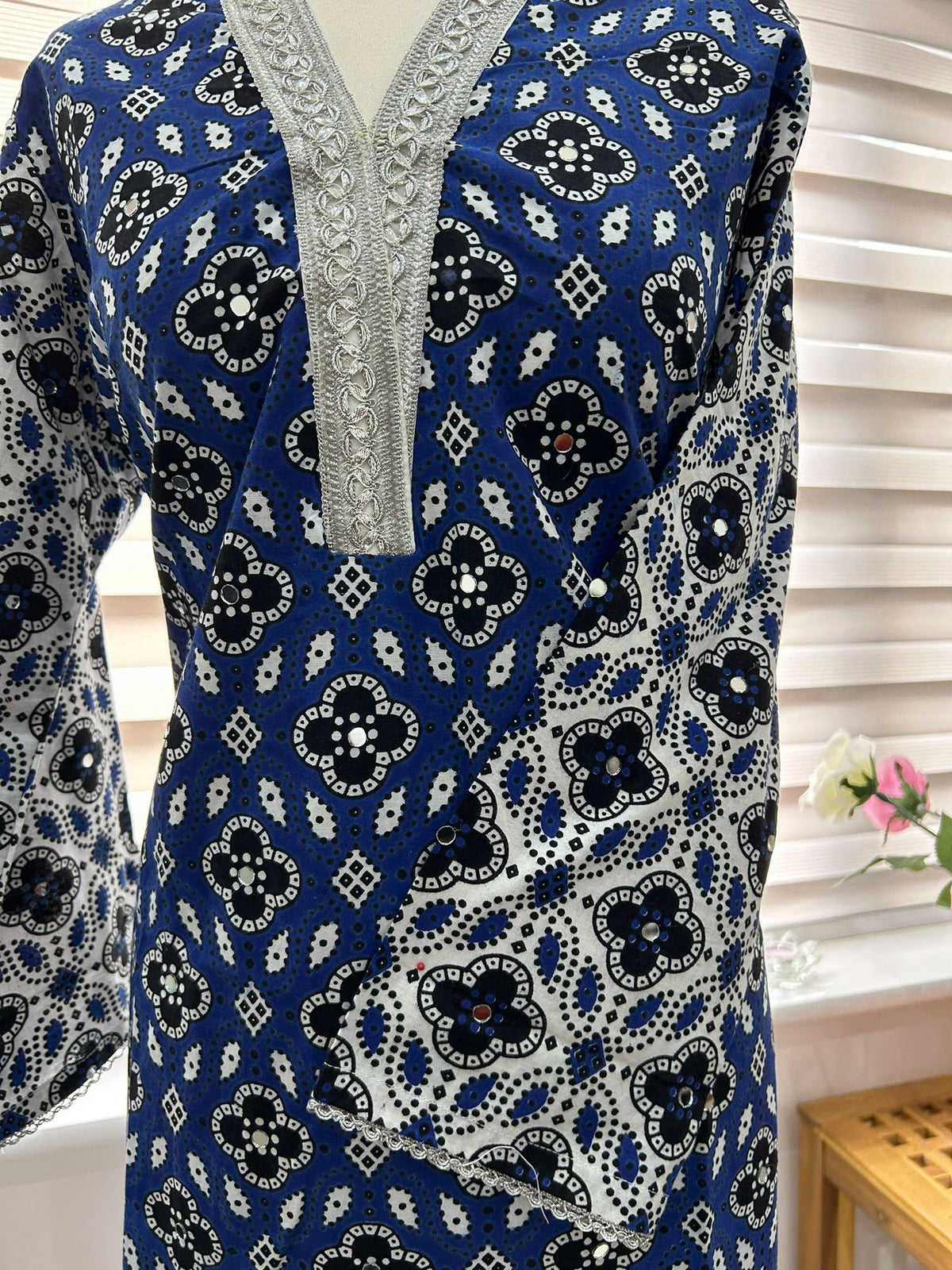 Traditional Ajrak Sindhi Kurta/Dress - Blue/White