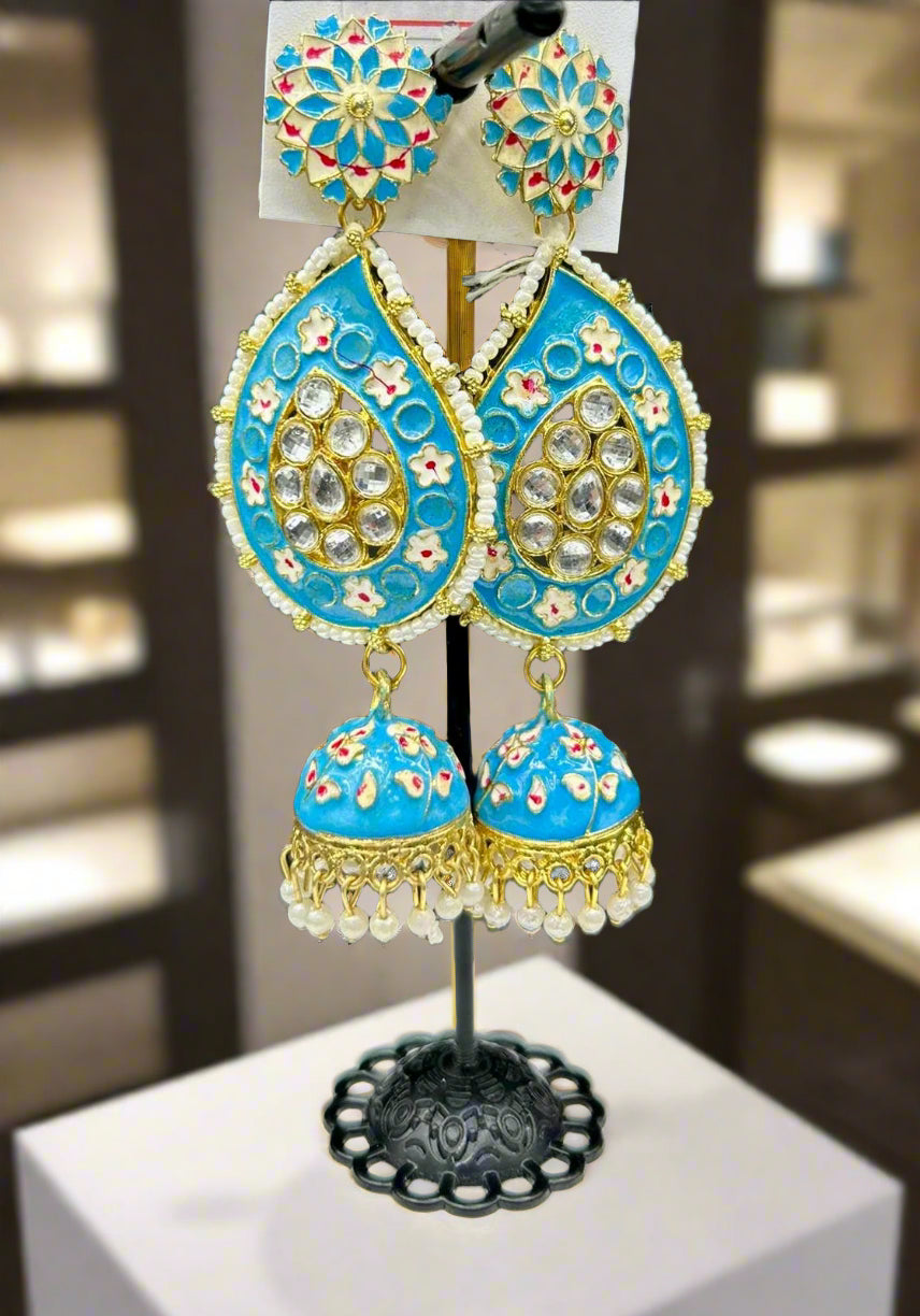 Meenakari Ambi long Jhumka Earrings | Lightweight Handcrafted Bridal Jewellery – Famaza Couture