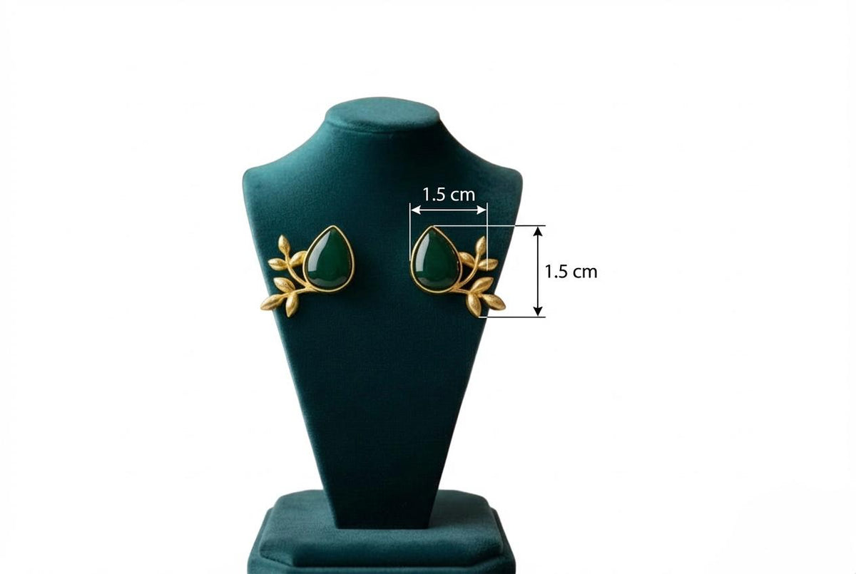 Gold Leaf Stud Earrings with Mona Lisa Stones | Maroon, Green, Apple Green & Black
