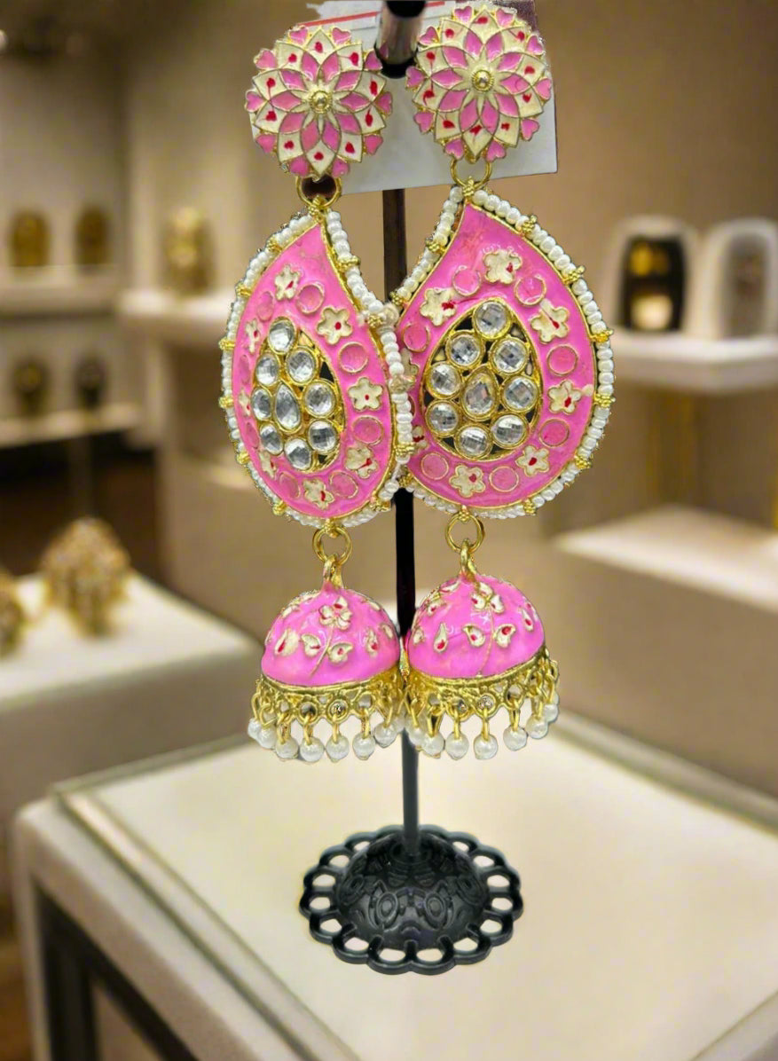 Meenakari Ambi long Jhumka Earrings | Lightweight Handcrafted Bridal Jewellery – Famaza Couture