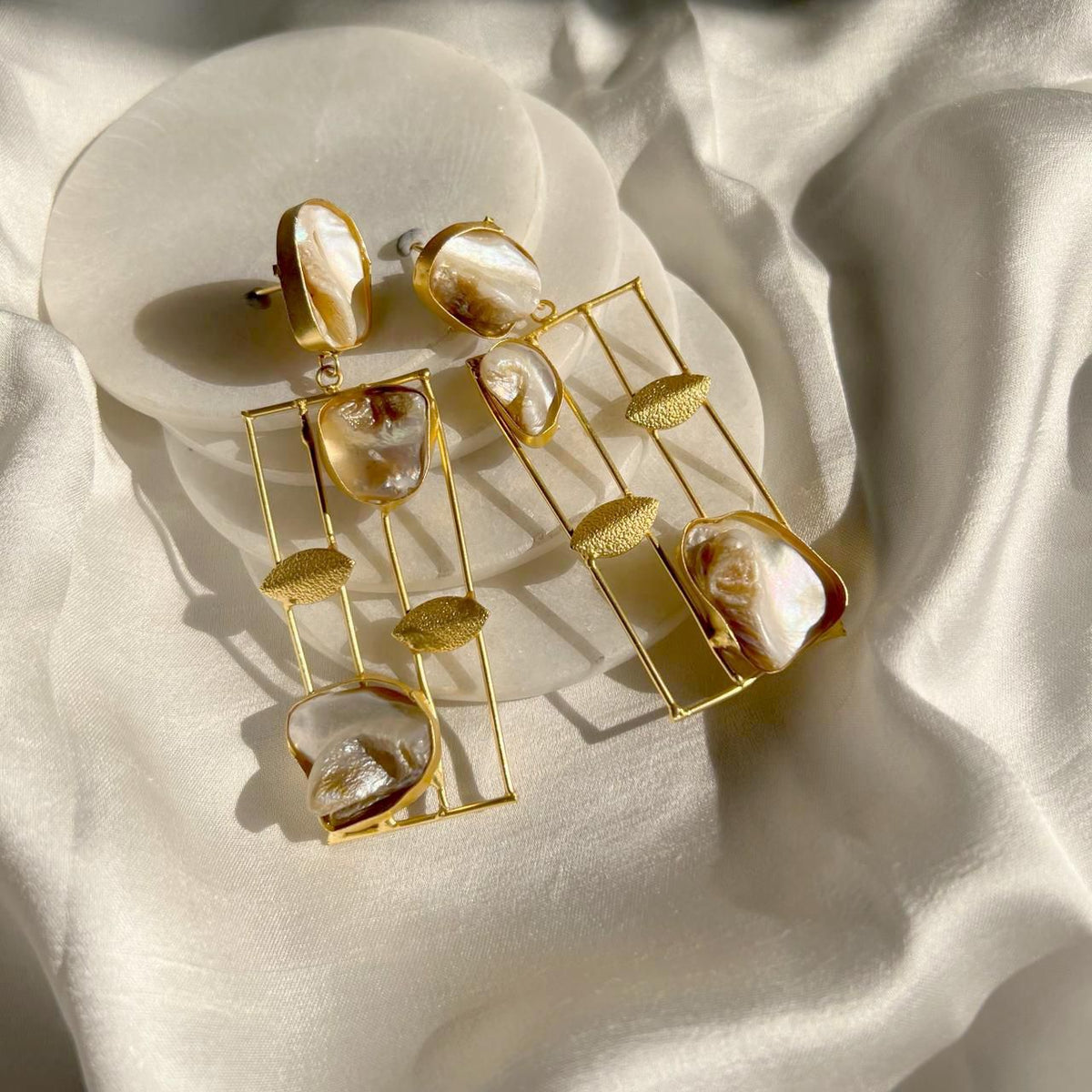 Gold plated Mother of pearls drop Earrings | Handcrafted Statement Jewellery – Famaza Couture