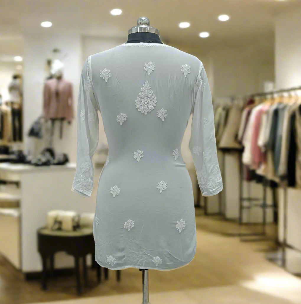 Viscose Chikankari Kurti | White on White | Short Indian Top
