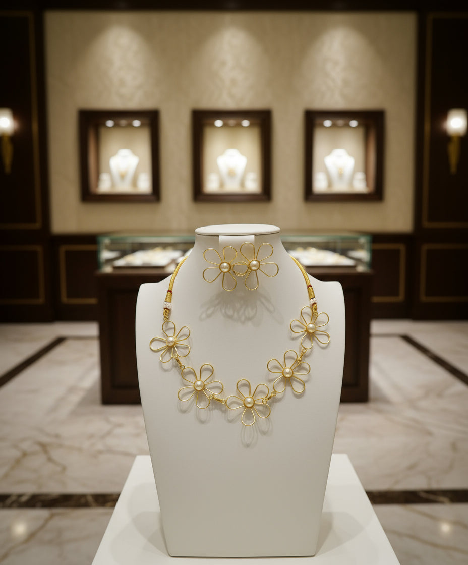 three-piece flower choker necklace set displayed on a black mannequin, consisting of a choker necklace and matching earrings with gold-coloured floral designs and pearl studs.