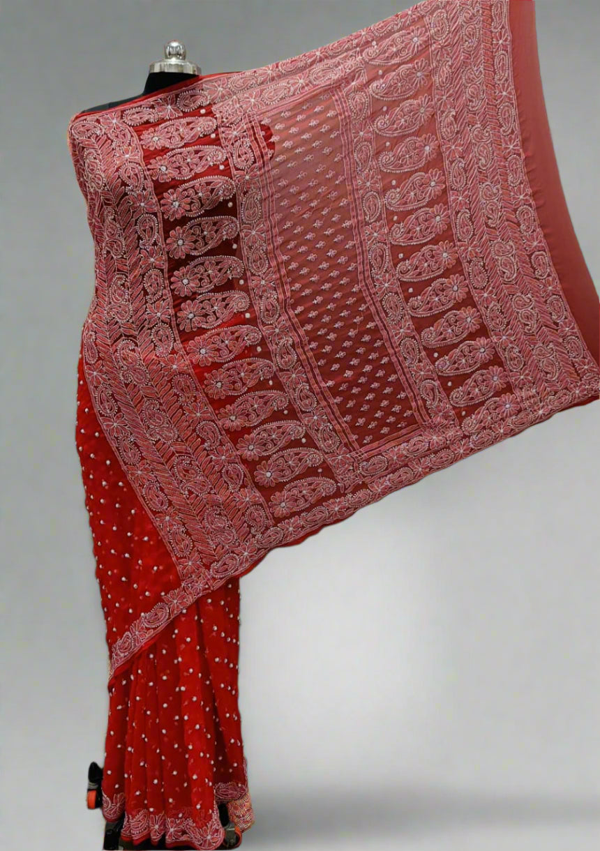 Full Jaal Chikankari Georgette Saree with Palla Keel Jaal Work – Elegant Ethnic Wear