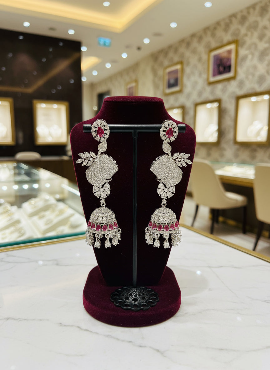 American Diamonds drop Jhumka earrings/Silver Finish Earrings