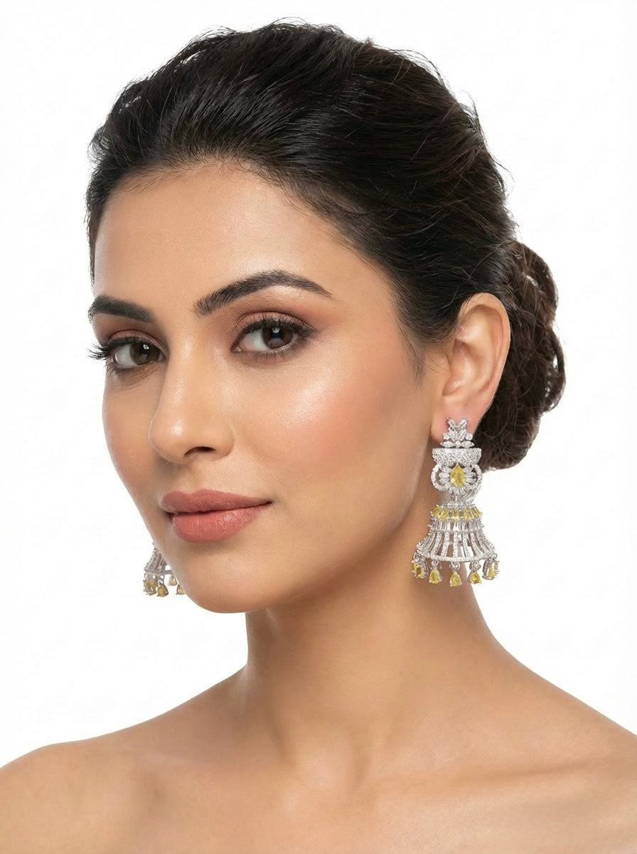 Azure Radiance Open-Cage Jhumka Earrings | American Diamond Chandelier Jewellery