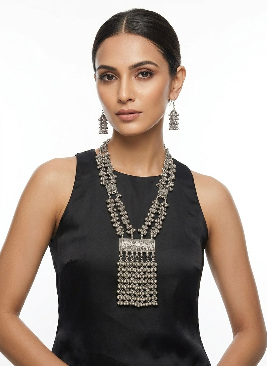 Oxidised Silver Tribal Necklace & Earrings Set – Afghani Statement Jewellery