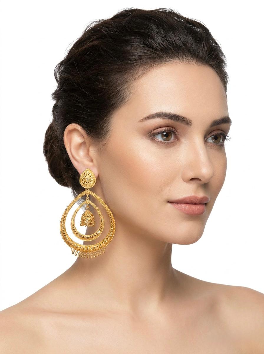 22K gold plated double layer chandbali jhumka earrings – royal heritage teardrop design with inner drop
