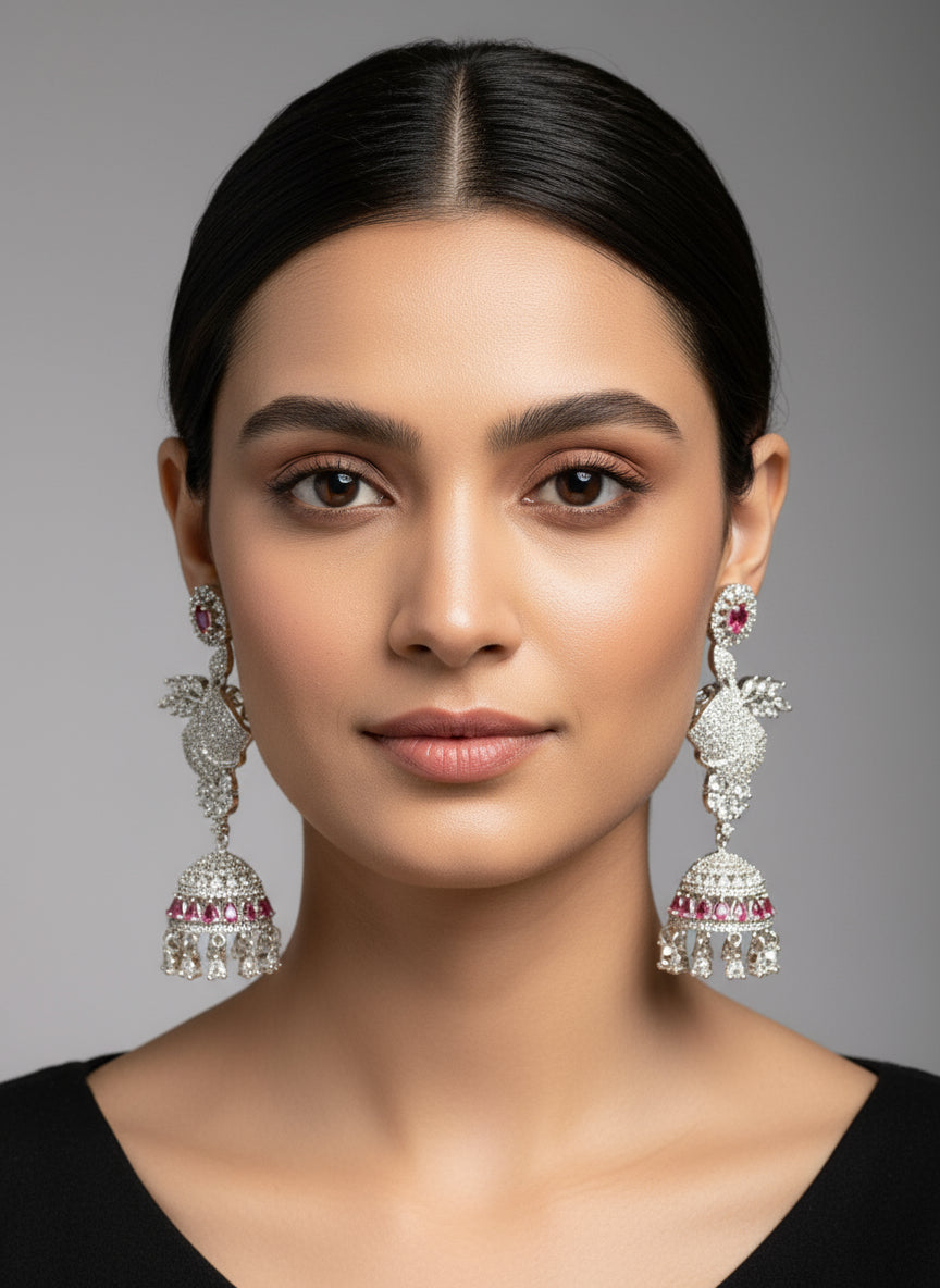 A pair of silver finish American diamond drop Jhumka earrings displayed on a stand.