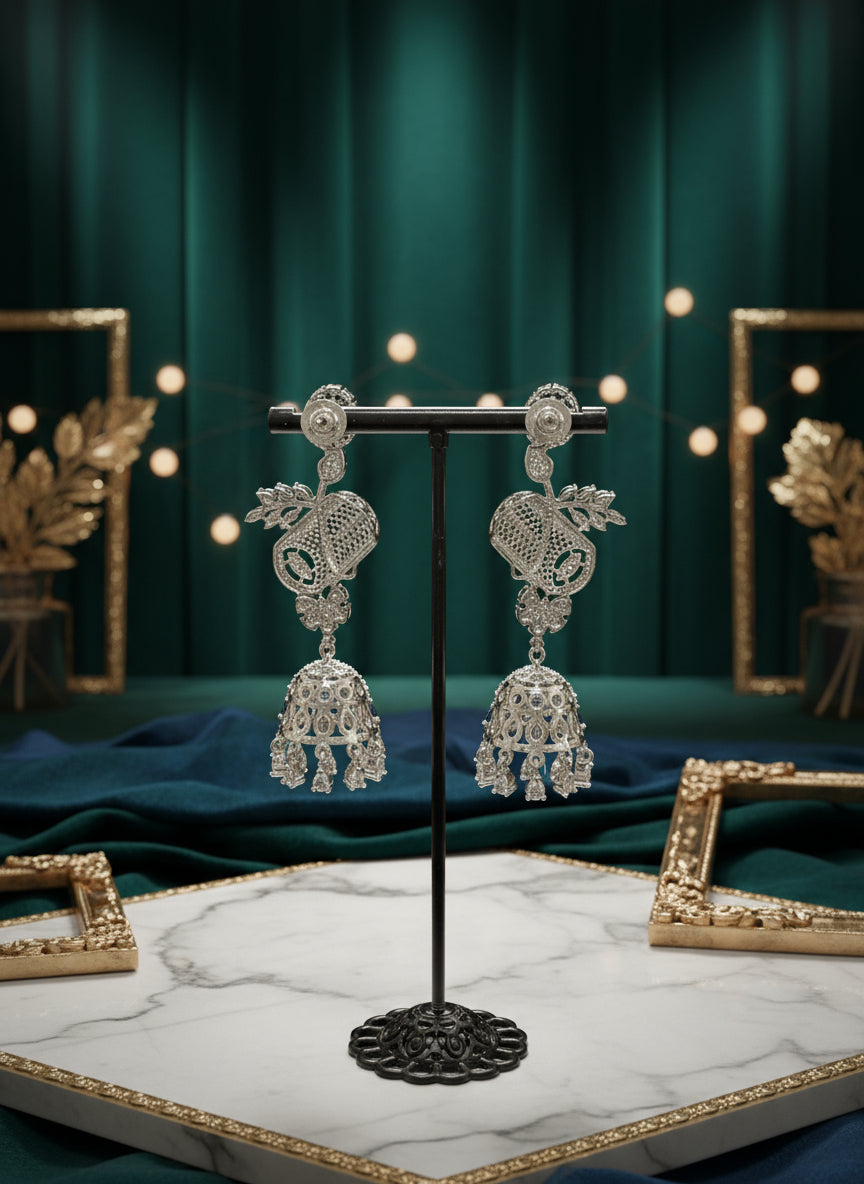 American Diamonds drop Jhumka earrings/Silver Finish Earrings