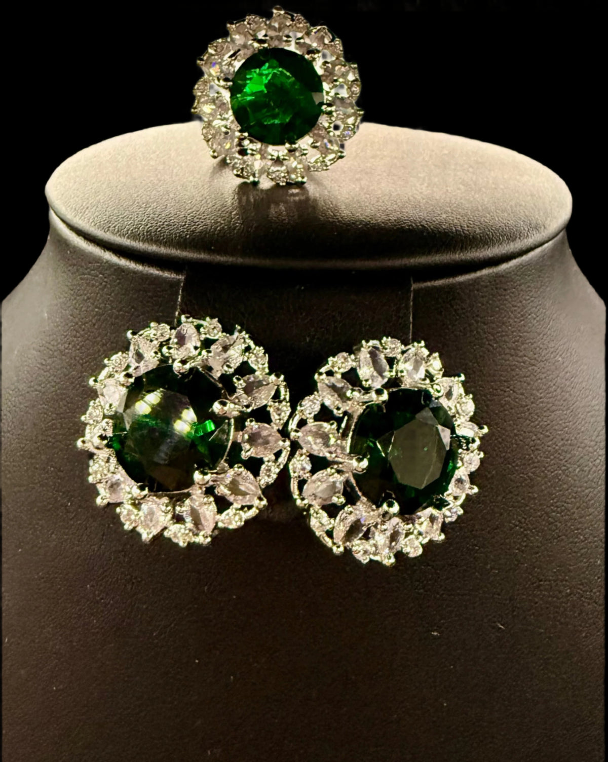Emerald Green CZ Multi-Layer Necklace, Earring & Ring Set | Silver Tone