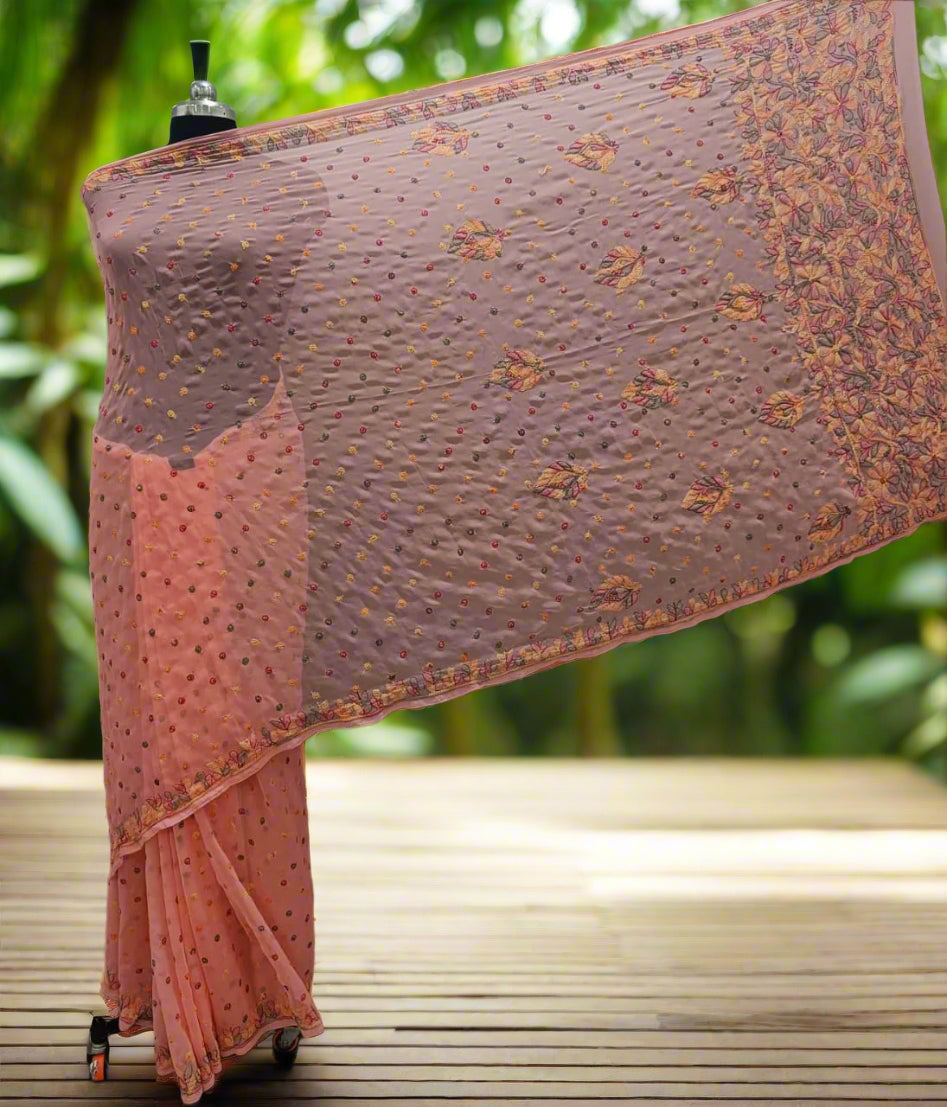 Georgette Saree with chikankari Keel Jaal Embroidery – Elegant Palla Work | Famaza Couture