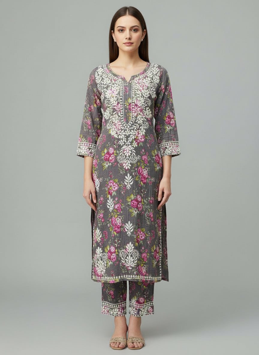 2PC dress of Grey colour all over print Mulmul fabricwith white thread chikankari embroidery long kurti and trousers.