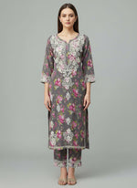 2PC dress of Grey colour all over print Mulmul fabricwith white thread chikankari embroidery long kurti and trousers.