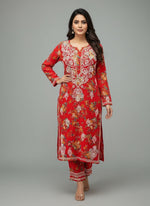 2pc Red colour dress all over print Mulmul fabric with white thread chikankari embroidery long kurti and trousers. Please keep the shirt and the trousers same as original don't make any changes in the design.