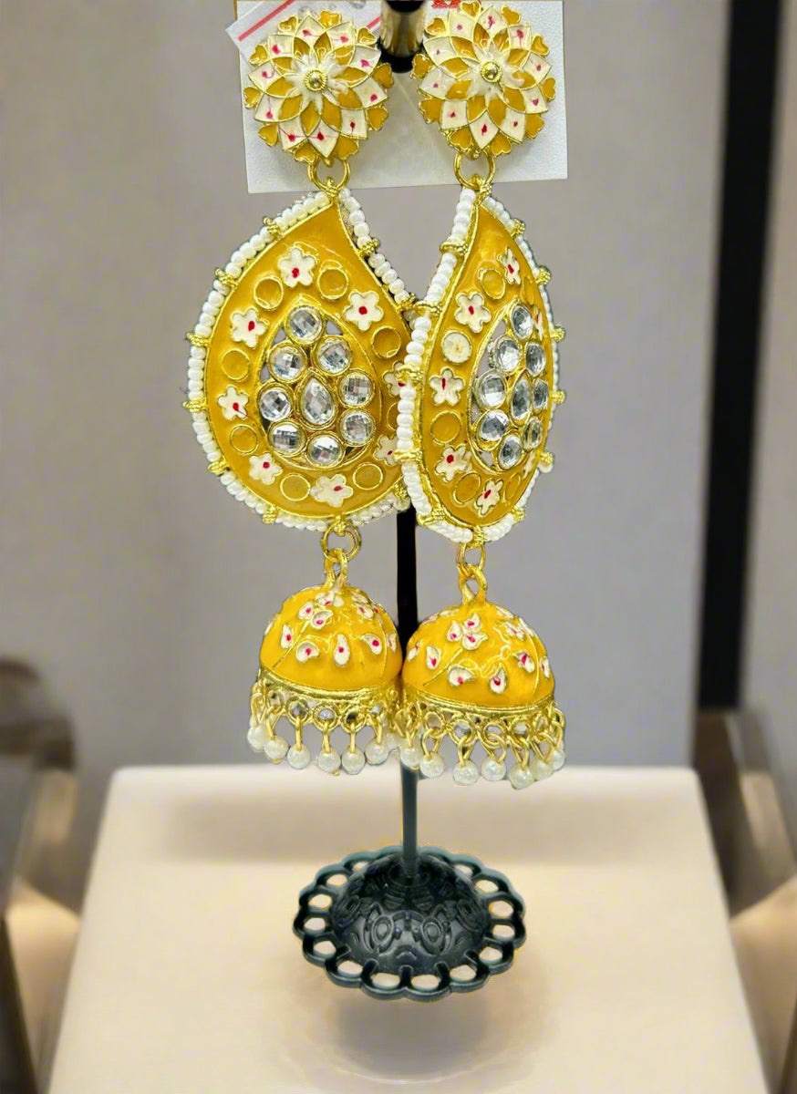 Meenakari Ambi long Jhumka Earrings | Lightweight Handcrafted Bridal Jewellery – Famaza Couture