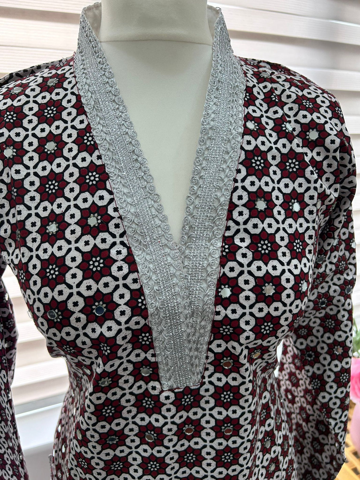 Traditional Ajrak Sindhi Kurta/Dress - Maroon/White