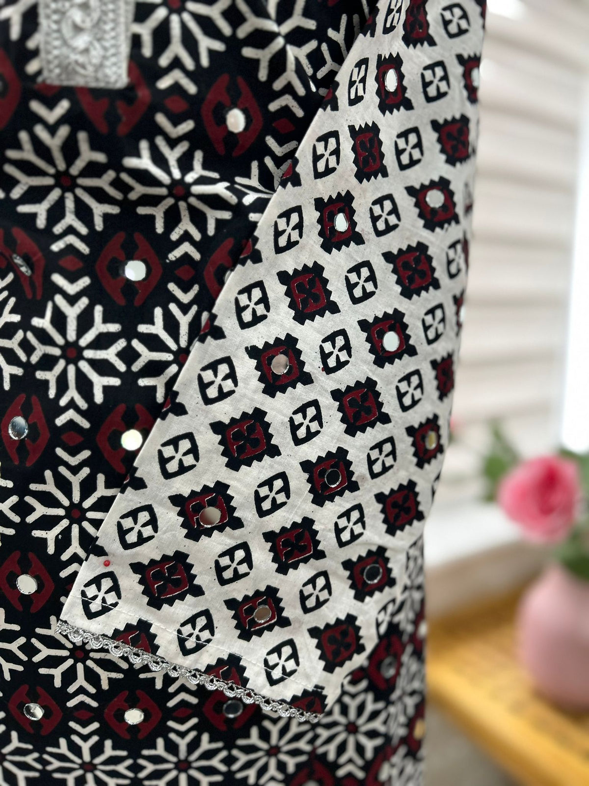 Traditional Ajrak Sindhi Kurta/Dress - Maroon/Black/White