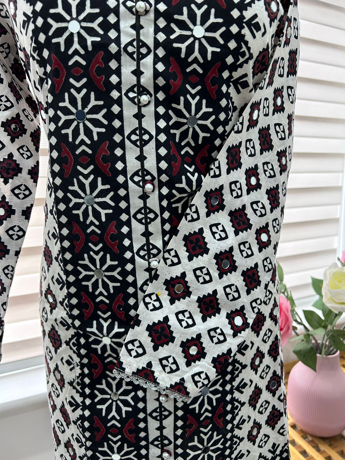 Traditional Ajrak Sindhi Kurta/Dress - Maroon/White