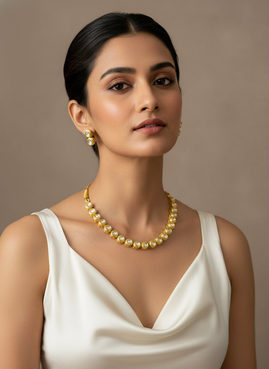 Gold plated Kundun sleek Choker Necklace set | Elegant Party & Bridal Jewellery – Famaza Couture