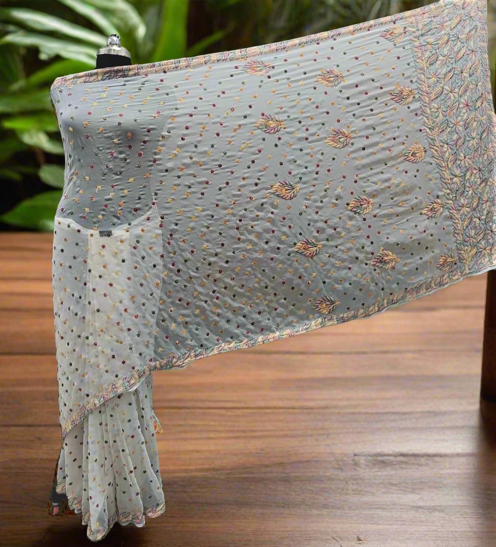 Georgette Saree with chikankari Keel Jaal Embroidery – Elegant Palla Work | Famaza Couture