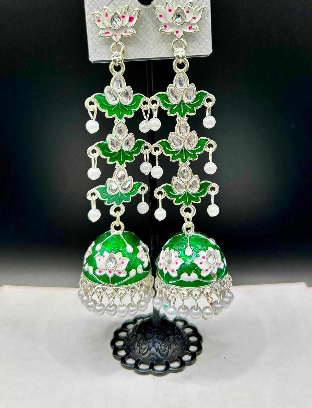 Meenakari Tulip Long Jhumka Earrings | Lightweight Bridal Jewellery – Famaza Couture